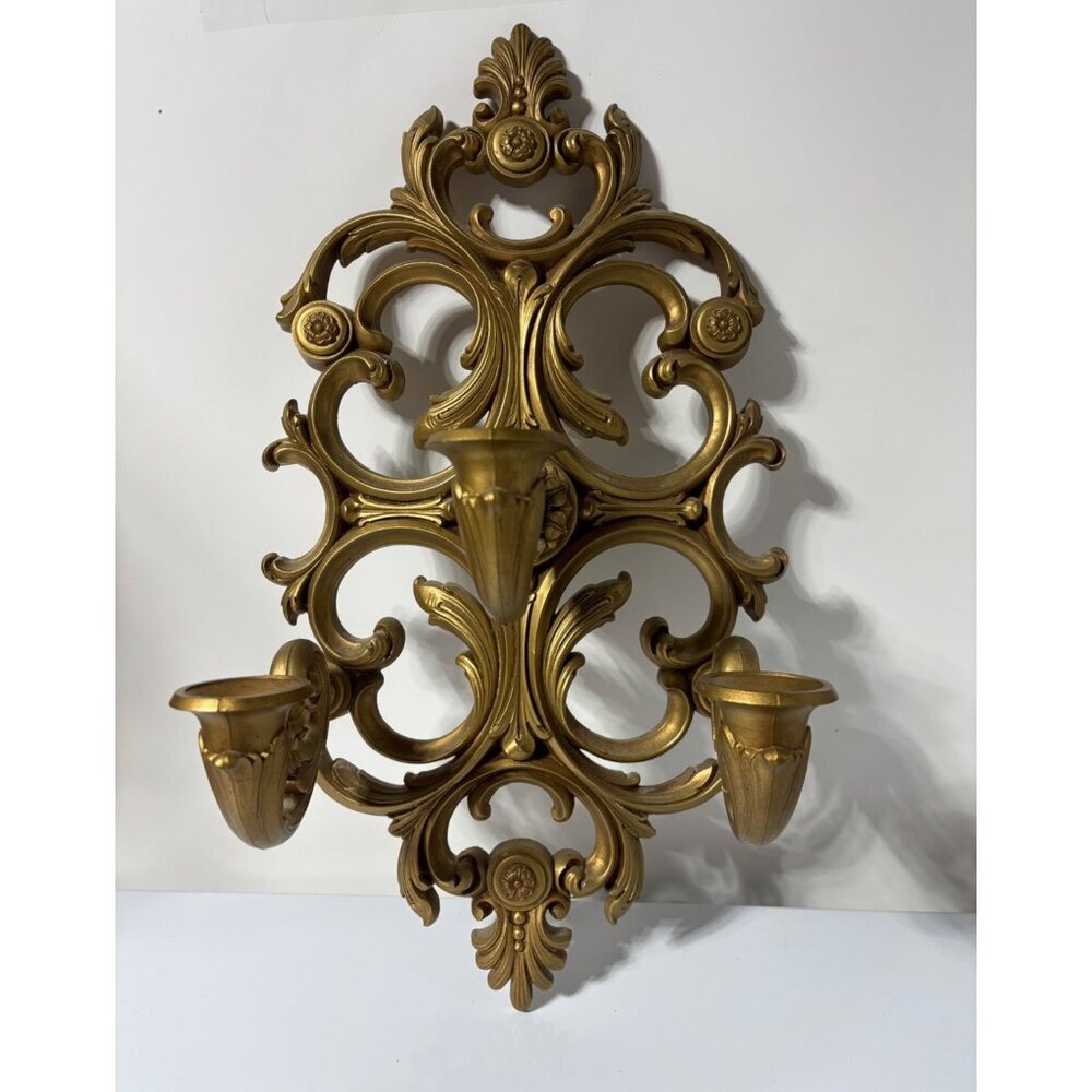 Vtg 1978 Syroco Triple Gold Ornate Wall Sconce Candle‎ Holder Hollywood Regency